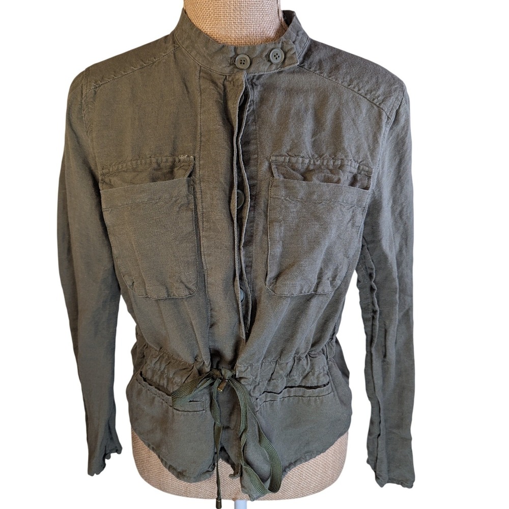WHO WHAT WEAR Olive Green Linen Blend Utility Jacket Button & Drawstring Waist S